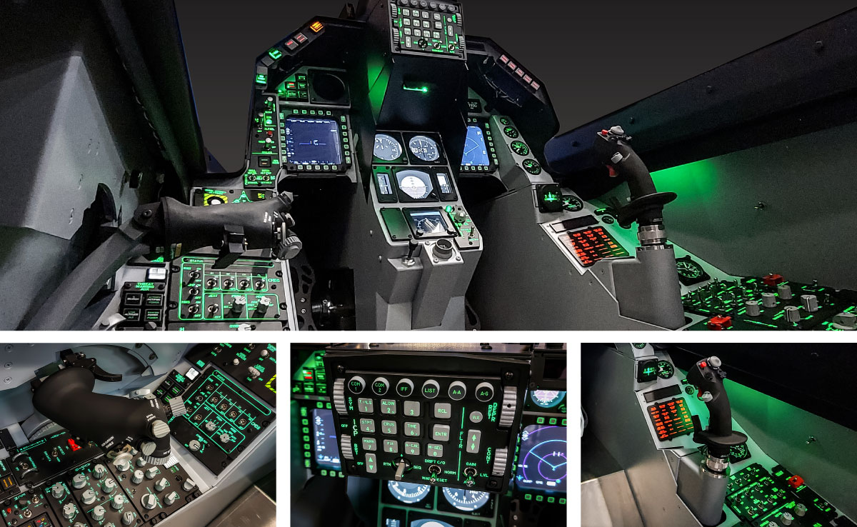 Custom F-16 fighter jet cockpit simulator built by Flightdeck Solutions for defense training and commercial experience applications, featuring authentic military-grade instrumentation and controls.